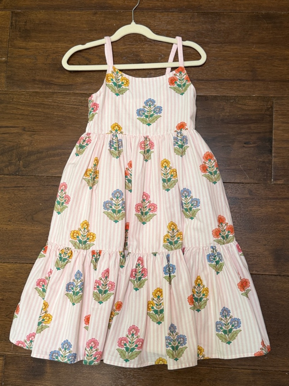 Mini Boden - Girls Pink Striped Tiered Floral Sundress - Floral Print -Size: 7-8